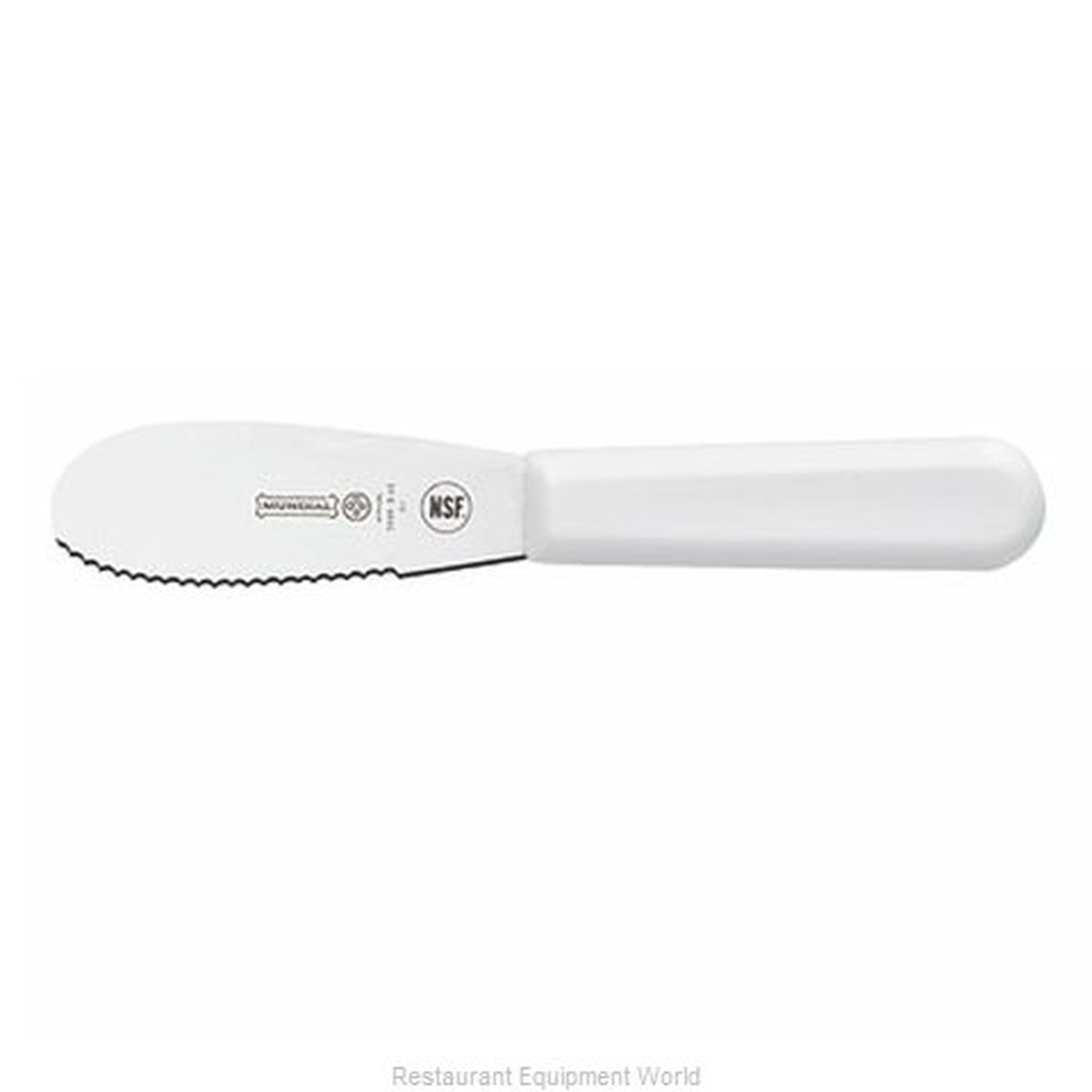 Mundial 3.5 inch sandwich spreader with white handle and serrated stainless steel blade