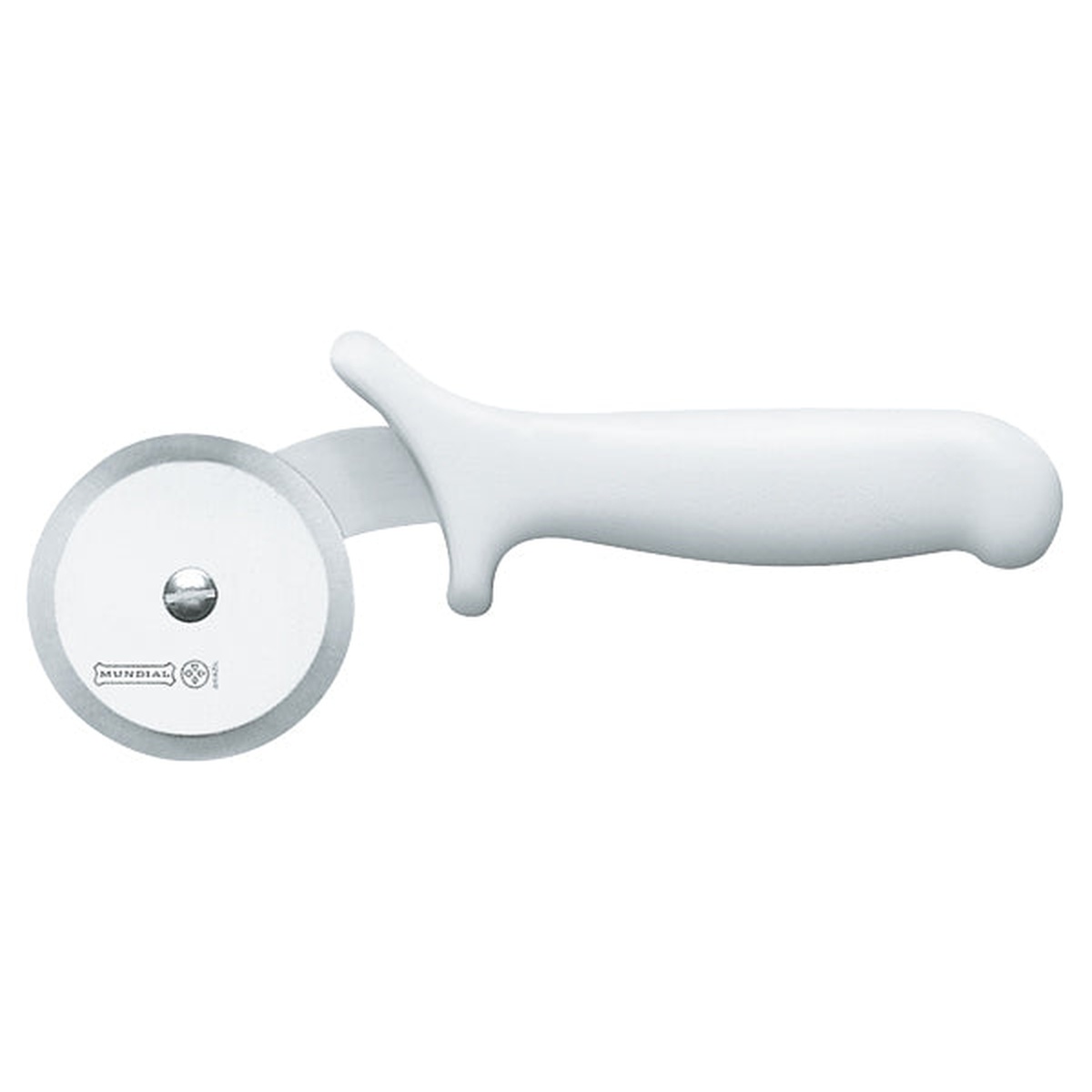 Mundial W5691-2 3/4 pizza cutter with white polypropylene handle and stainless steel wheel