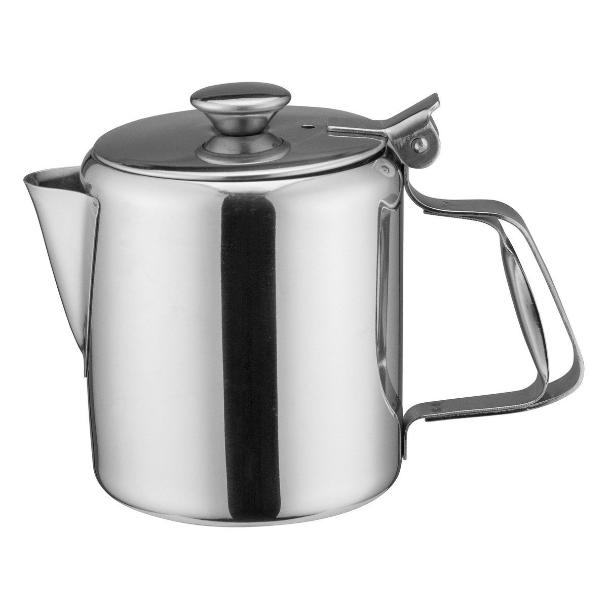 Winco W612 12 oz stainless steel beverage server with short spout, hinged lid, and mirror finish