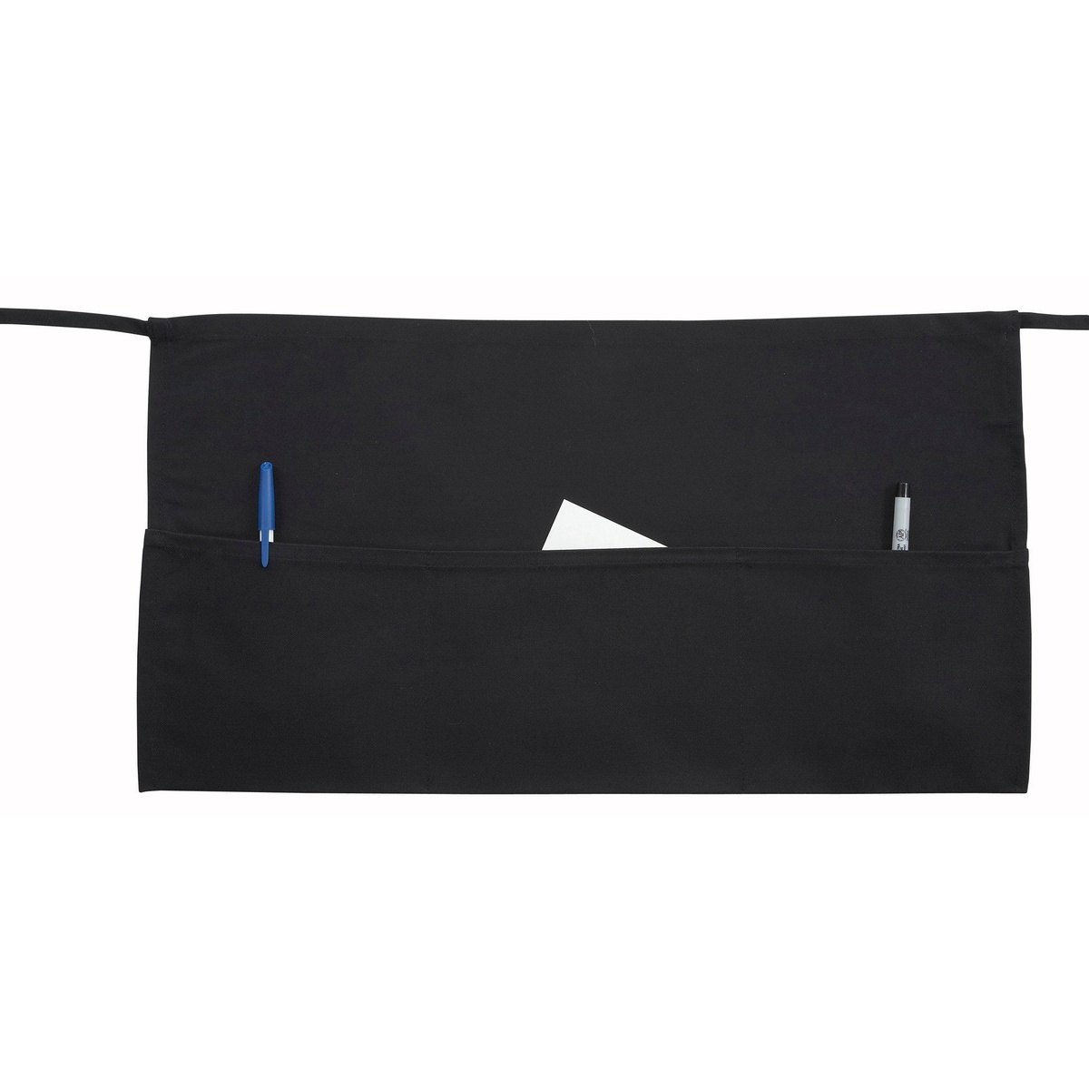 Winco WA-1221 black 3-pocket waist apron laid flat showing two side pockets and one large center pocket with a pen, notepad, and marker