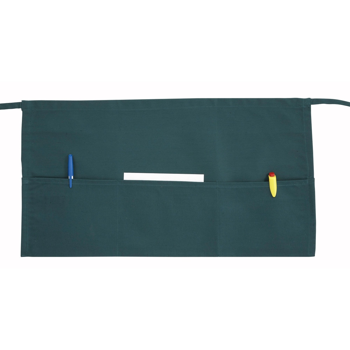 Winco WA-1221G Signature Chef green waist apron with three pockets holding pens and an order pad