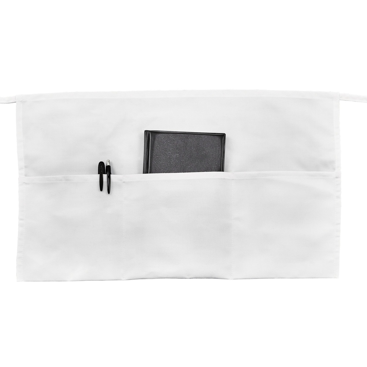 Winco WA-1221W white waist apron showing three pockets with pens and order pad