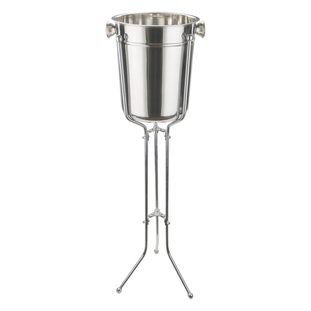 Winco WB-12FS folding wine bucket stand shown with compatible WB-8 stainless steel ice bucket seated in the cradle