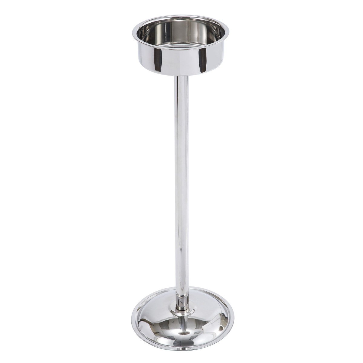Winco WB-29S pipe-style wine bucket stand in stainless steel with mirror finish, showing circular base, tall pipe stem, and bucket cradle at top
