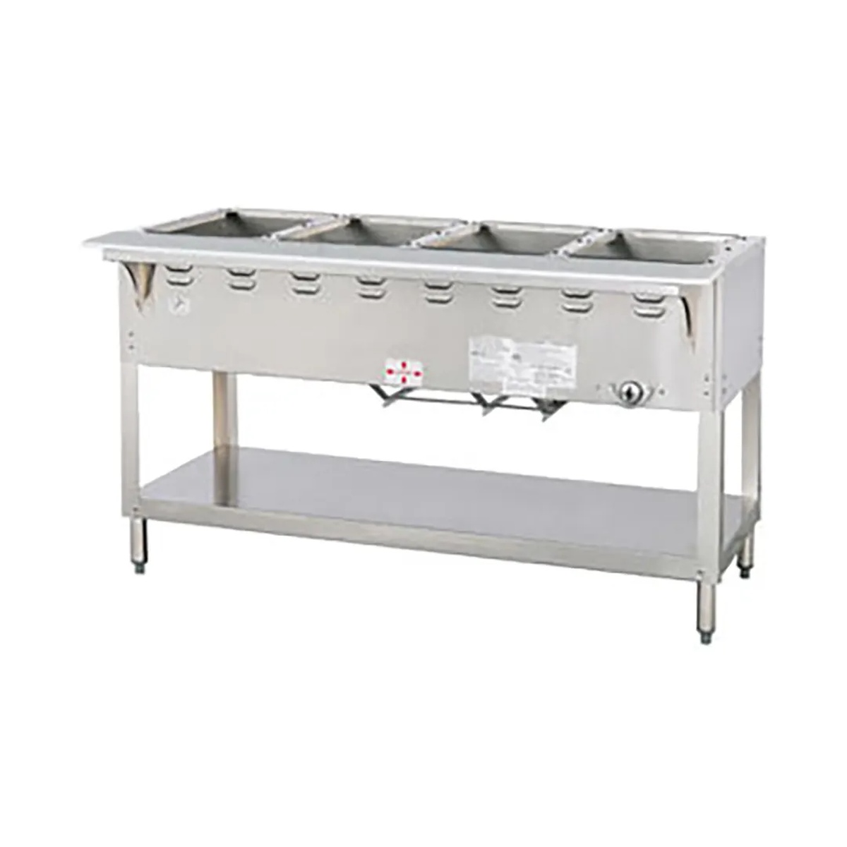 Duke WB304 four-pan wet bath gas steam table with open undershelf