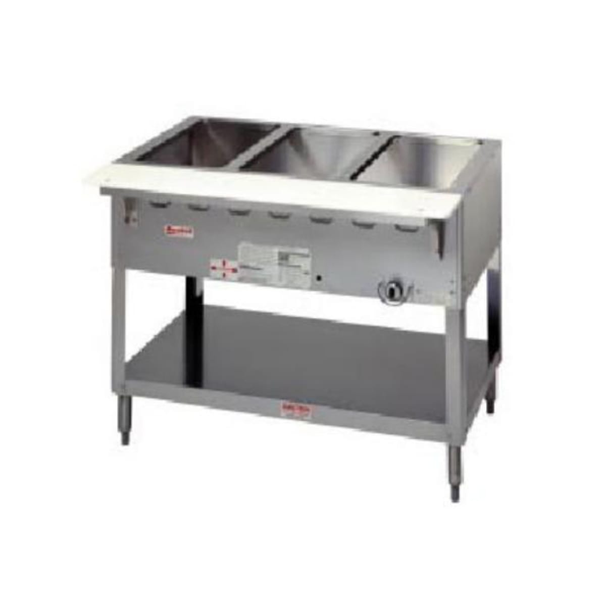 Duke WB304-LP gas steam table with four open food wells and undershelf