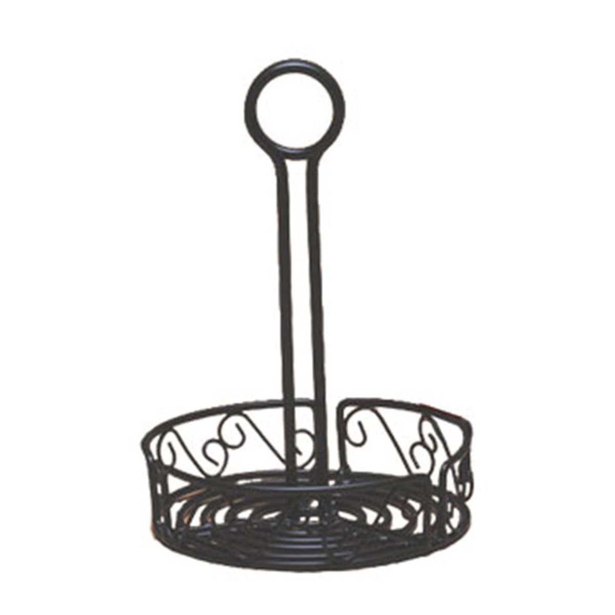 American Metalcraft WBCC7 round black wrought iron condiment caddy with scroll design and center handle