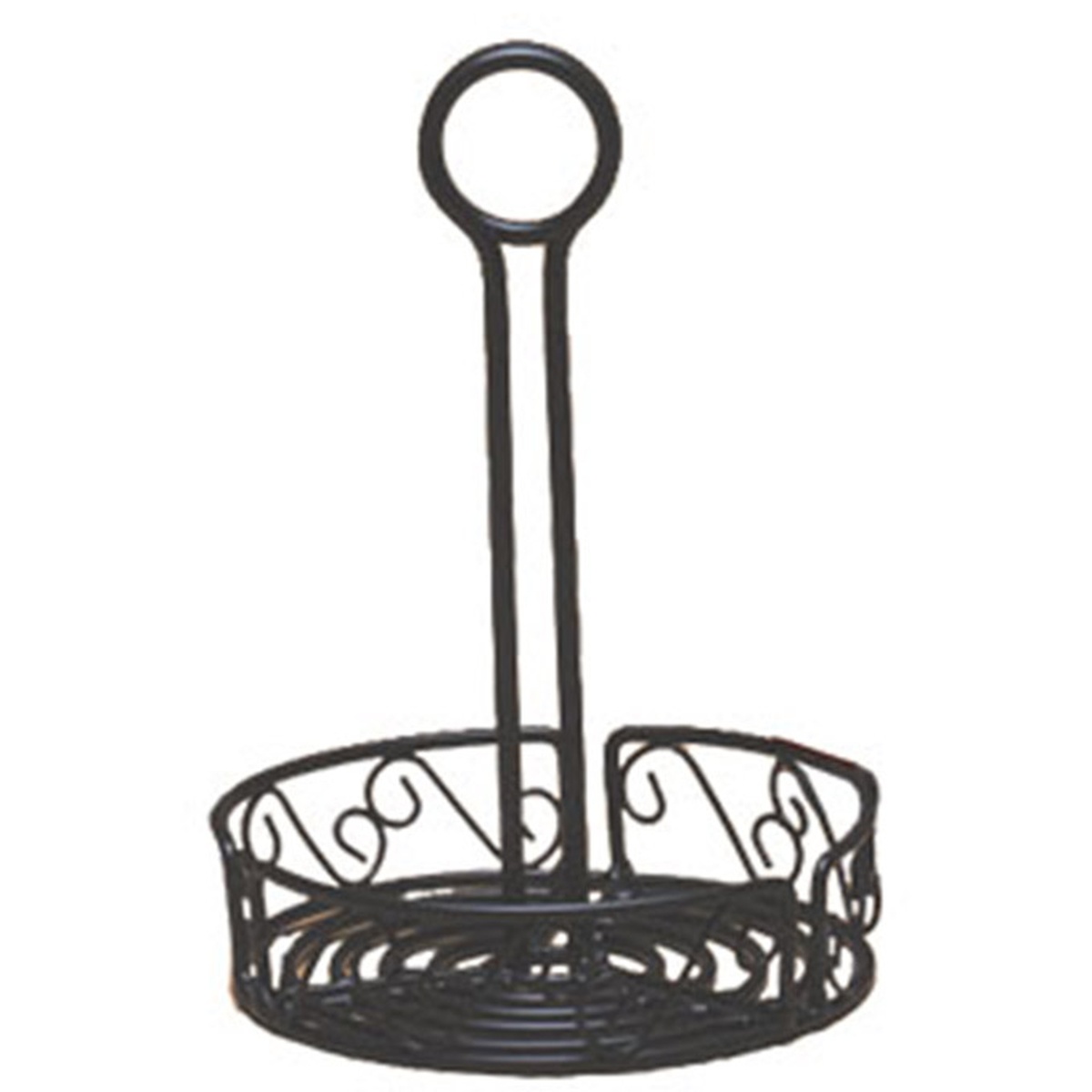American Metalcraft WBCC8 round black wrought iron condiment caddy with scroll design and center card holder handle