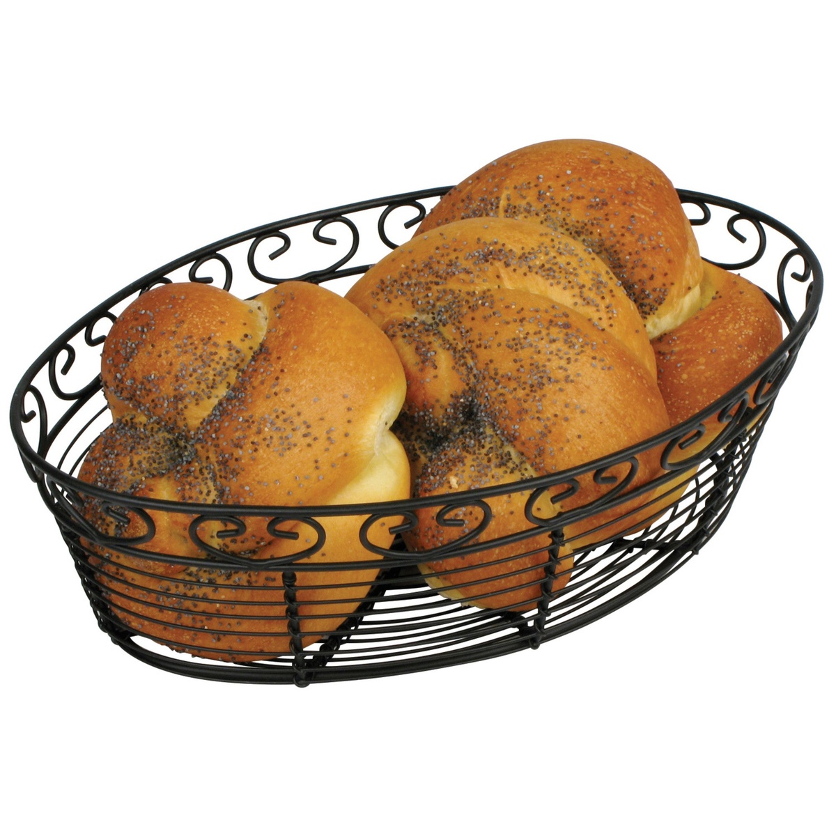 Winco WBKG-10O black oval wire basket filled with poppy seed bread rolls