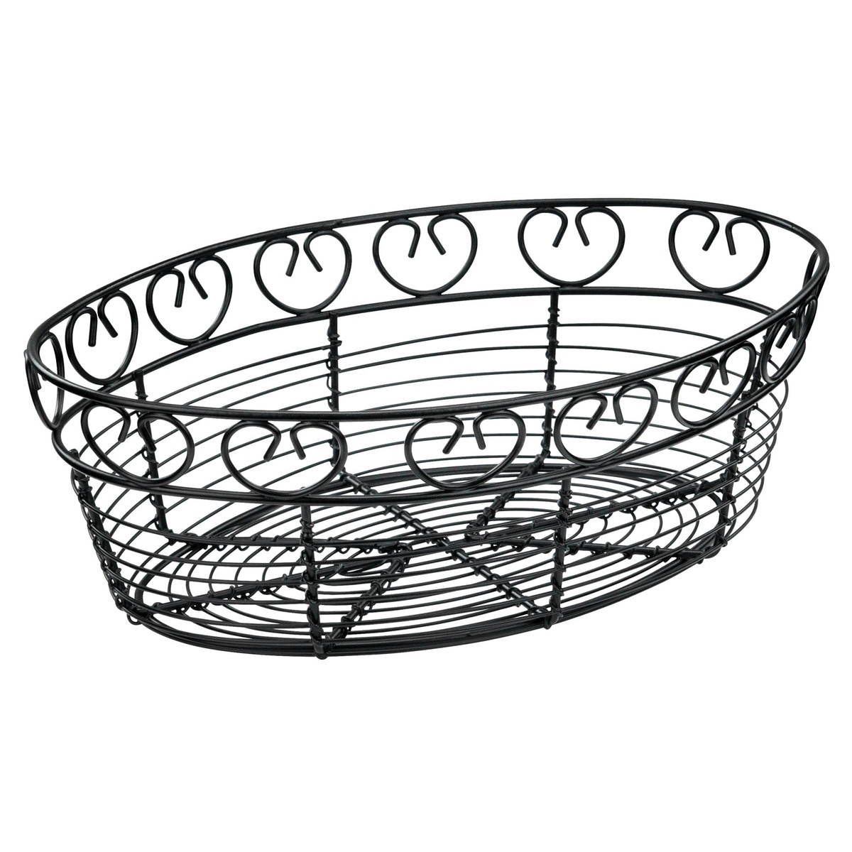 Winco WBKG-10O black oval wire serving basket with decorative scroll side detail, empty