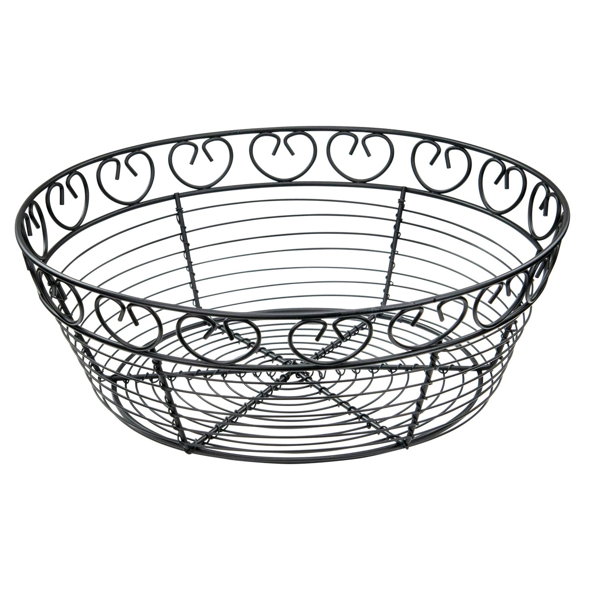 Winco WBKG-10R 10-inch round black wire serving basket with decorative scroll rim, empty, on white background