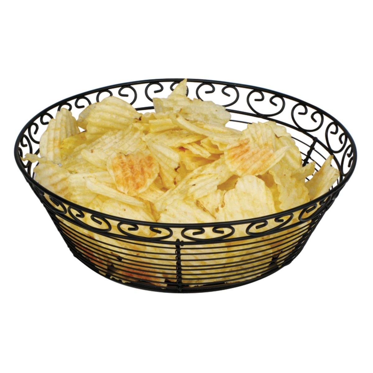 Winco WBKG-10R black wire serving basket filled with crinkle-cut chips on a white background