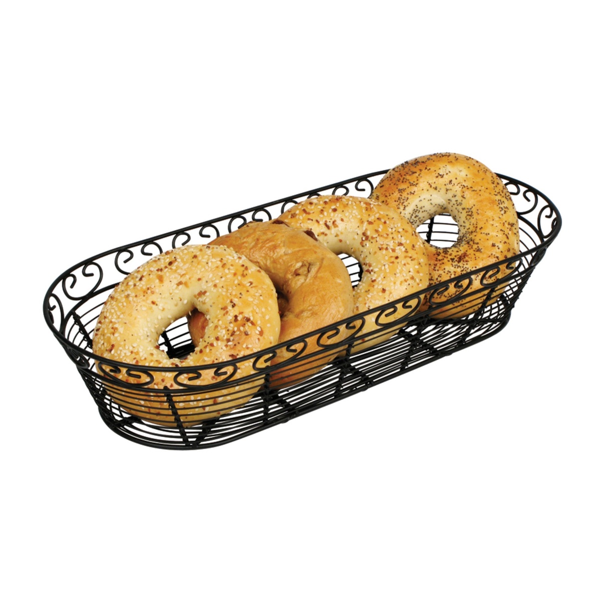Winco WBKG-15 black wire oval basket filled with assorted bagels showcasing serving capacity
