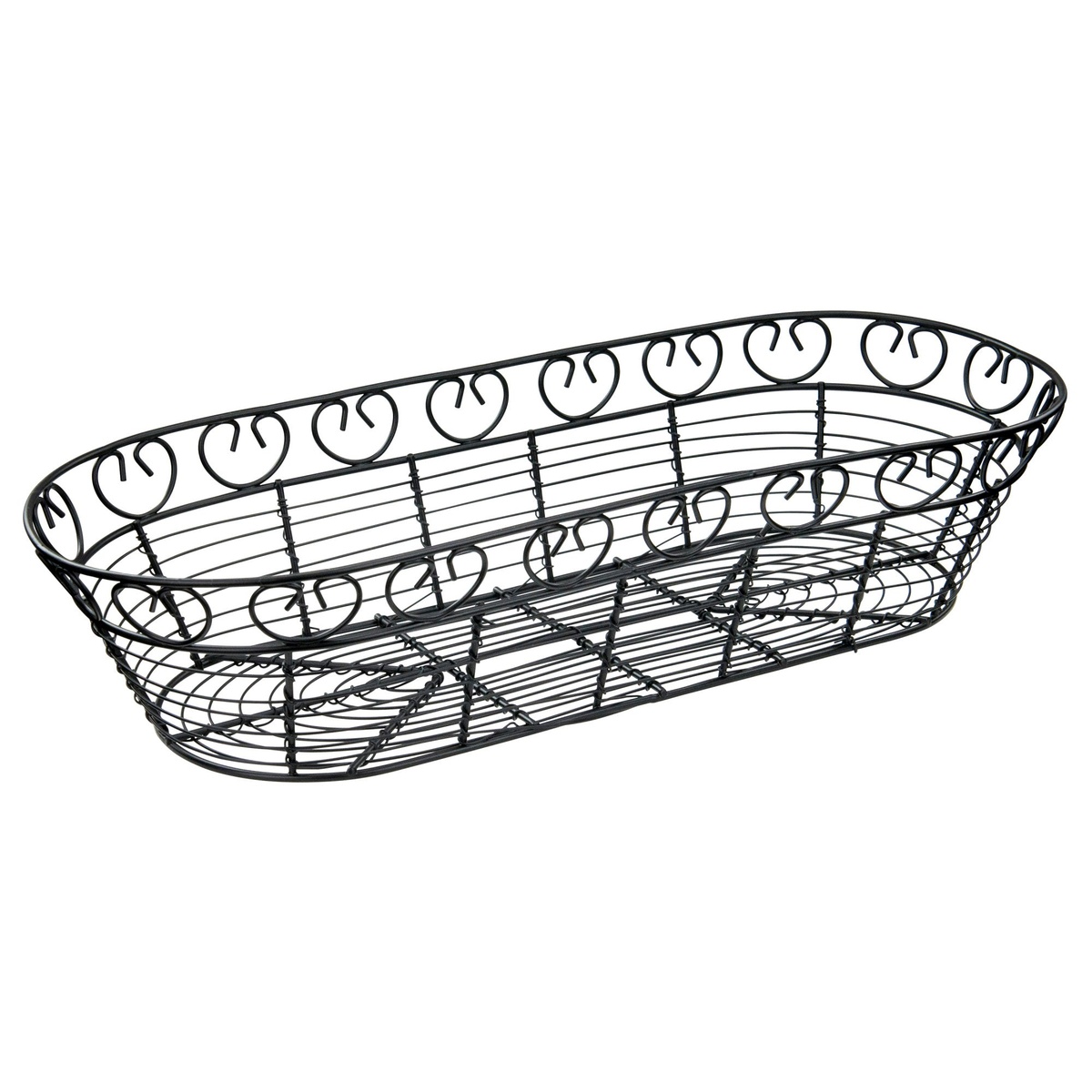 Winco WBKG-15 15-inch black wire oval serving basket with decorative scroll sides, empty product view
