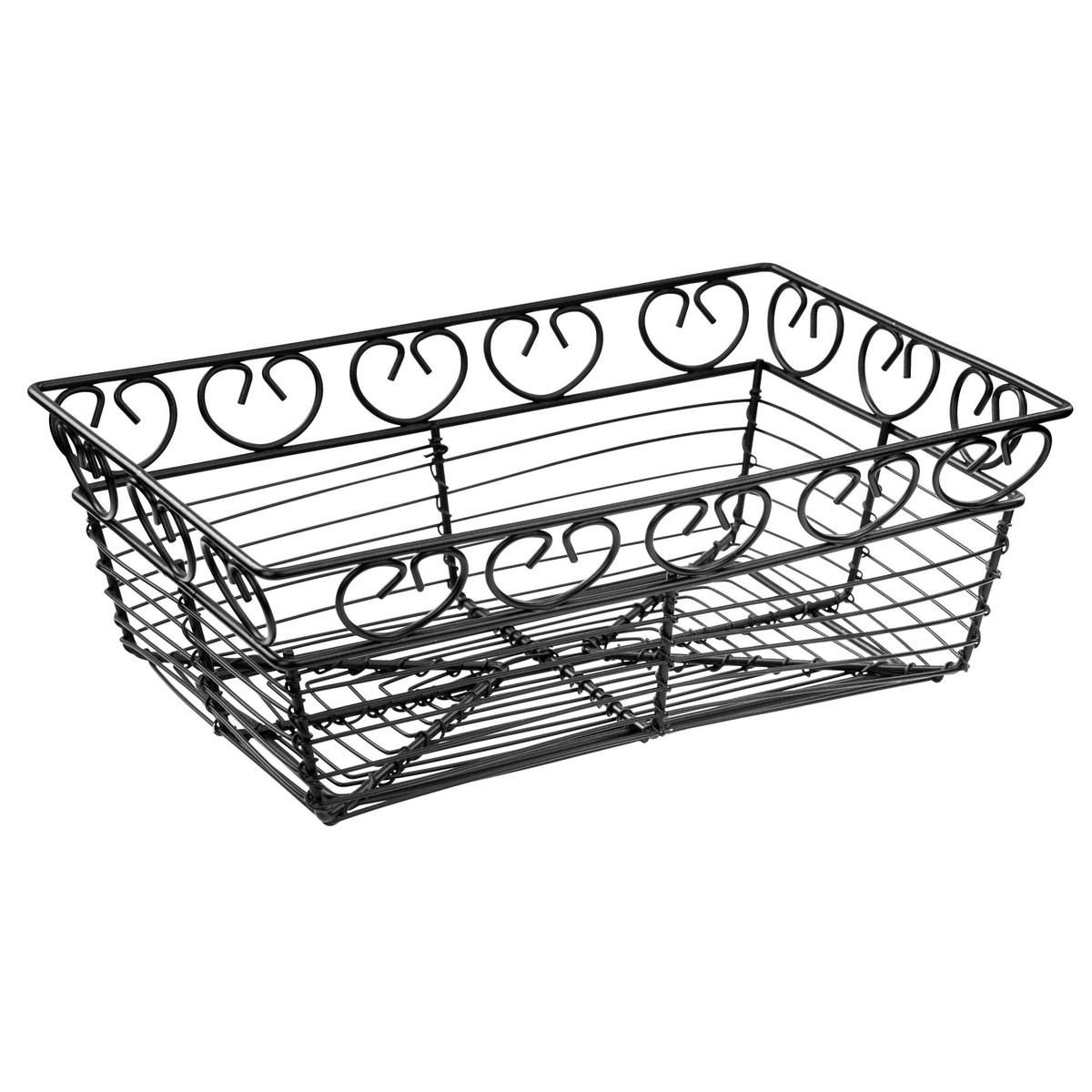 Winco WBKG-9 black rectangular wire serving basket, empty, showing decorative scroll detail on sides