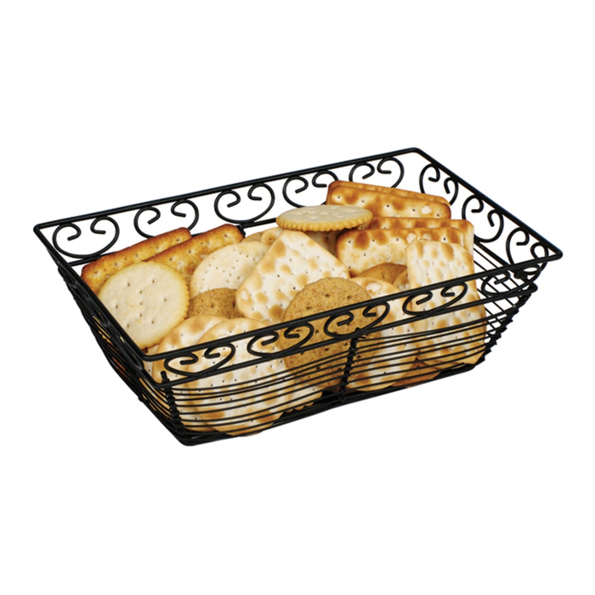 Winco WBKG-9 black rectangular wire basket filled with assorted crackers, showing serving capacity