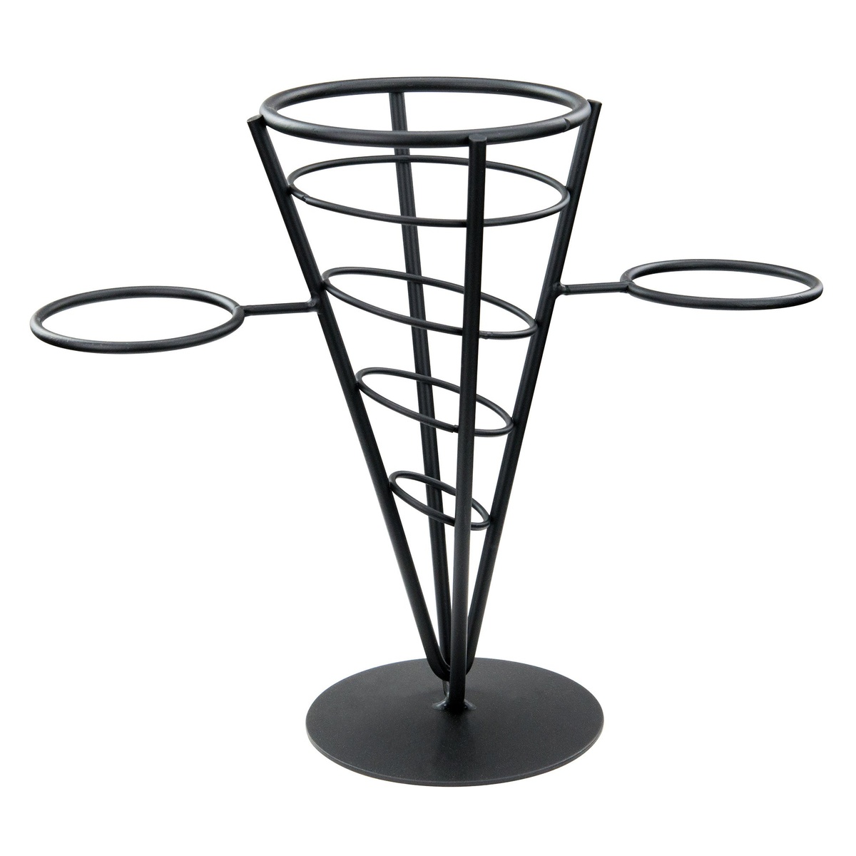Winco WBKH-5 single cone black wire french fry holder with two side ramekin rings and flat base, shown on white background