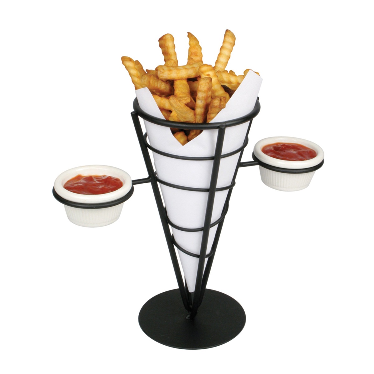 Winco WBKH-5 black wire french fry holder loaded with crinkle-cut fries in a paper cone, with two ramekins of ketchup resting in the side holders