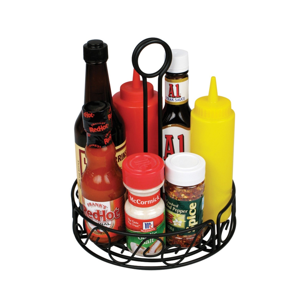 Winco WBKH-6R black wire condiment caddy filled with hot sauce bottles, squeeze bottles, spice jars, and condiment containers on white background