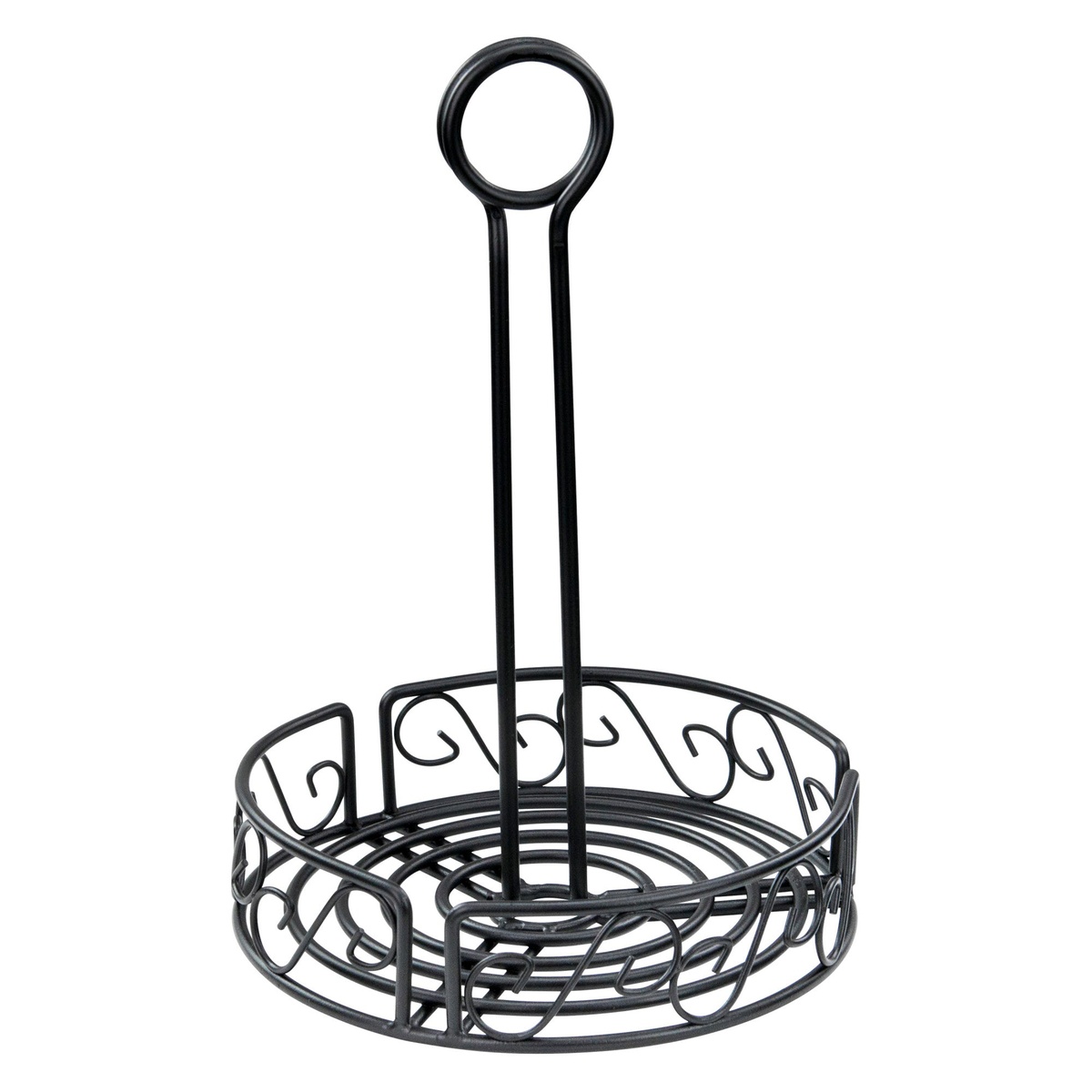 Winco WBKH-6R black wire round condiment caddy with decorative scrollwork and center loop handle, shown on white background