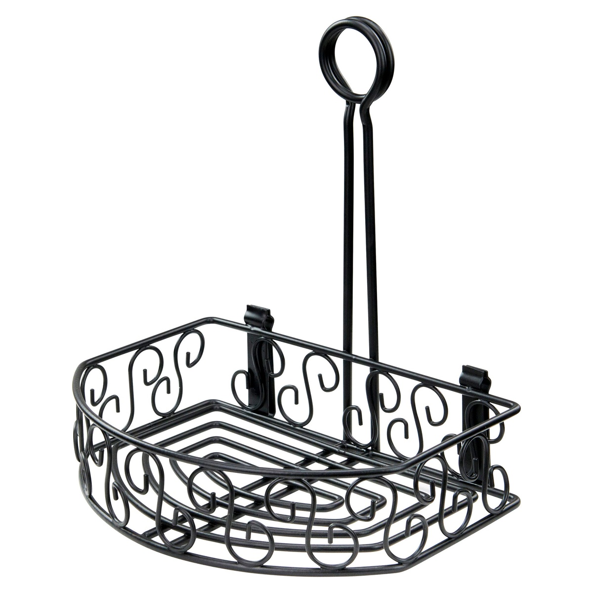 Winco WBKH-6SB black wire half-moon condiment caddy with flat back and ring handle, shown on white background
