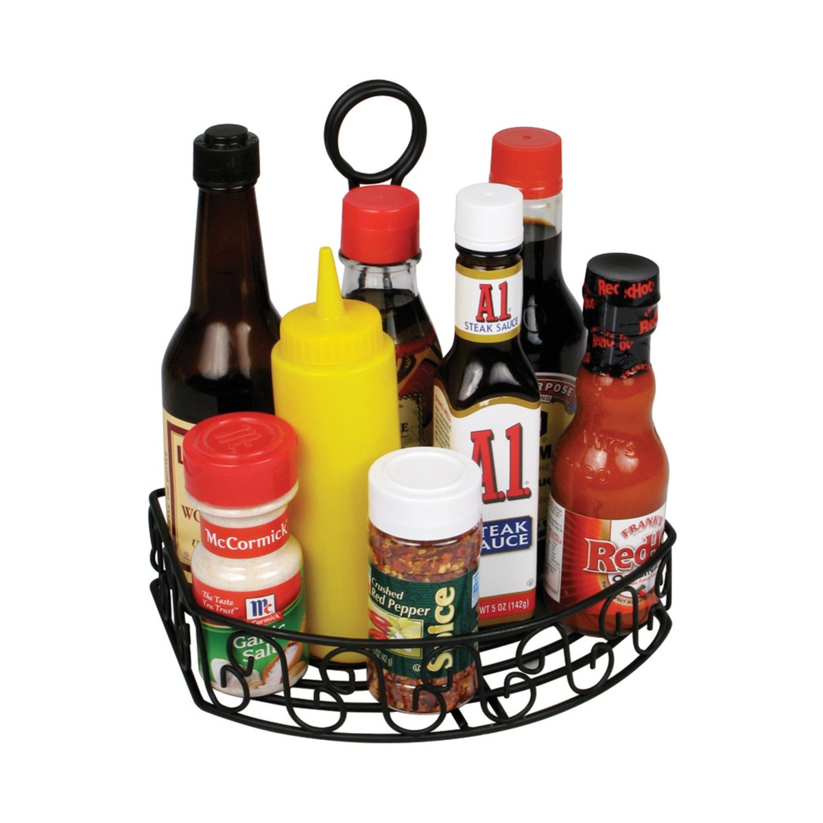 Winco WBKH-6SB black wire condiment caddy filled with sauce bottles, spice shakers, and condiment squeeze bottles