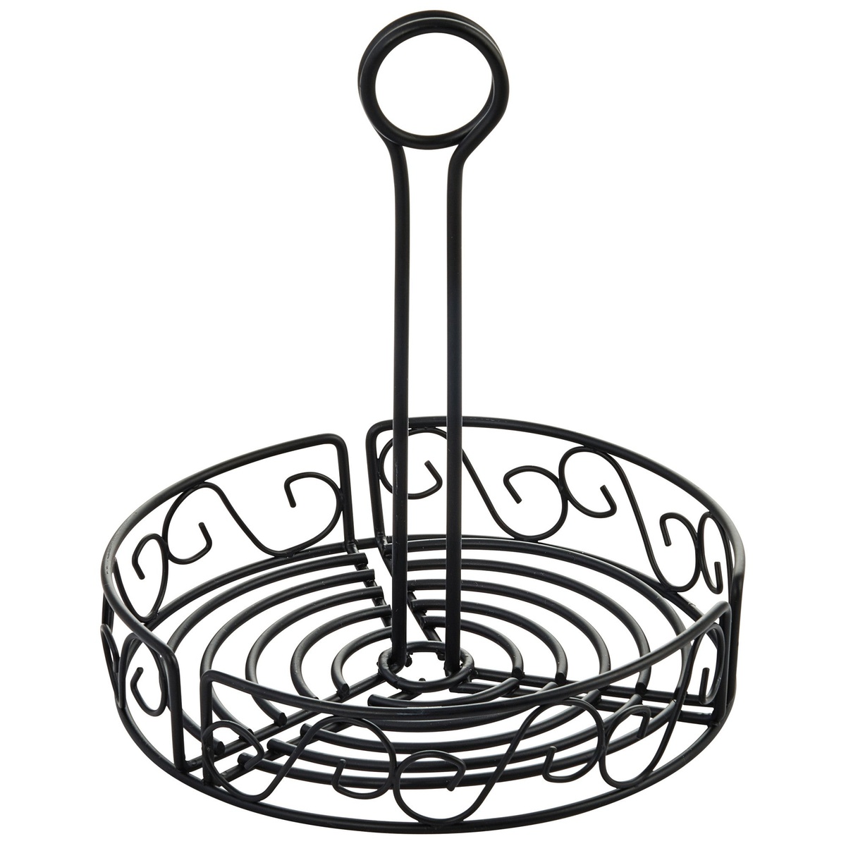 Winco WBKH-7R black steel wire round condiment caddy with scroll design and center carry handle