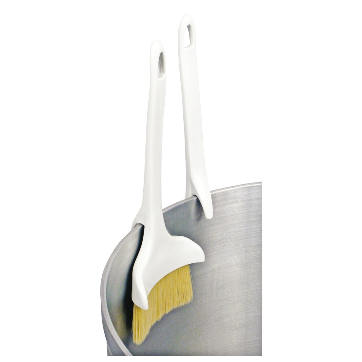 Two Winco WBRP-20H pastry brushes resting on the edge of a stainless steel pot using the built-in hook