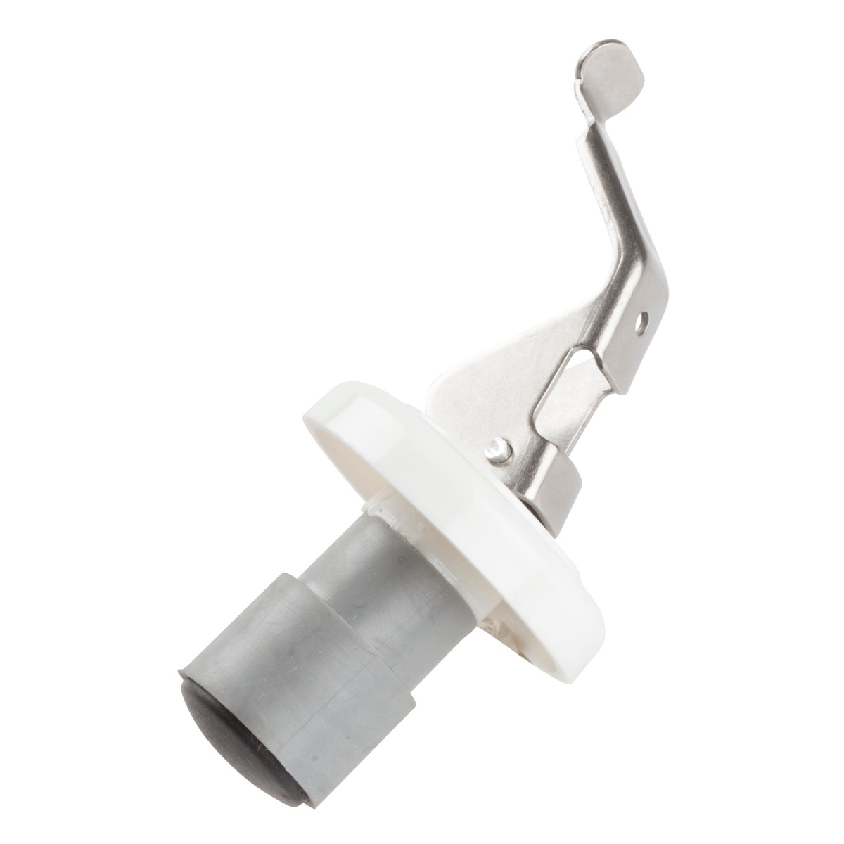 Winco WBS-W wine bottle stopper with white collar, stainless steel clip, and gray thermoplastic cork