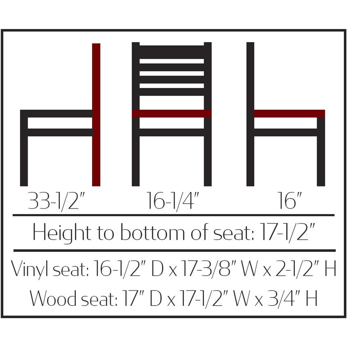 WC101WA-BLK ladderback chair dimension diagram showing overall height 33-1/2 inches, back width 16-1/4 inches, back height 16 inches, seat height 17-1/2 inches, and vinyl seat measurements