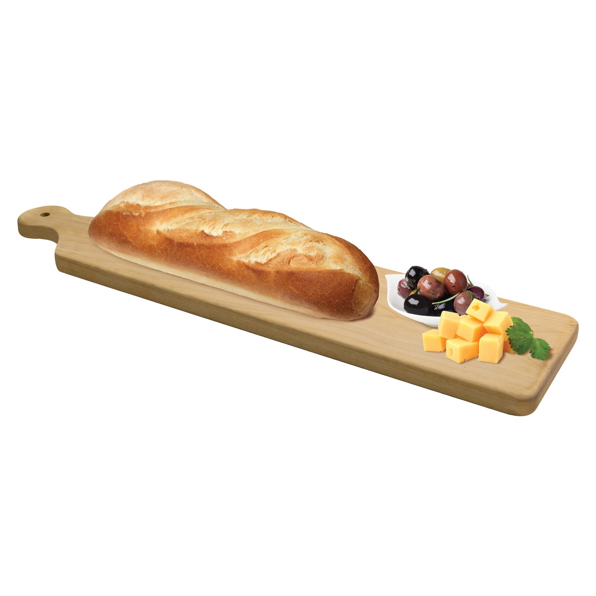 Winco WCB-225 birchwood board displayed with a French baguette, olives, and cheese cubes