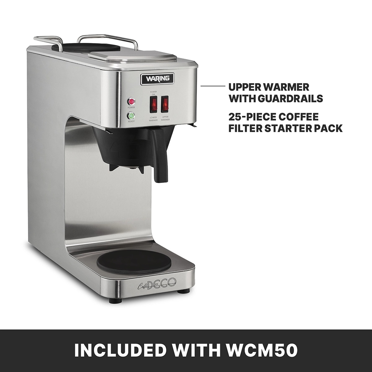 Waring WCM50 coffee brewer showing upper warmer with guardrails and included 25-piece filter starter pack callouts