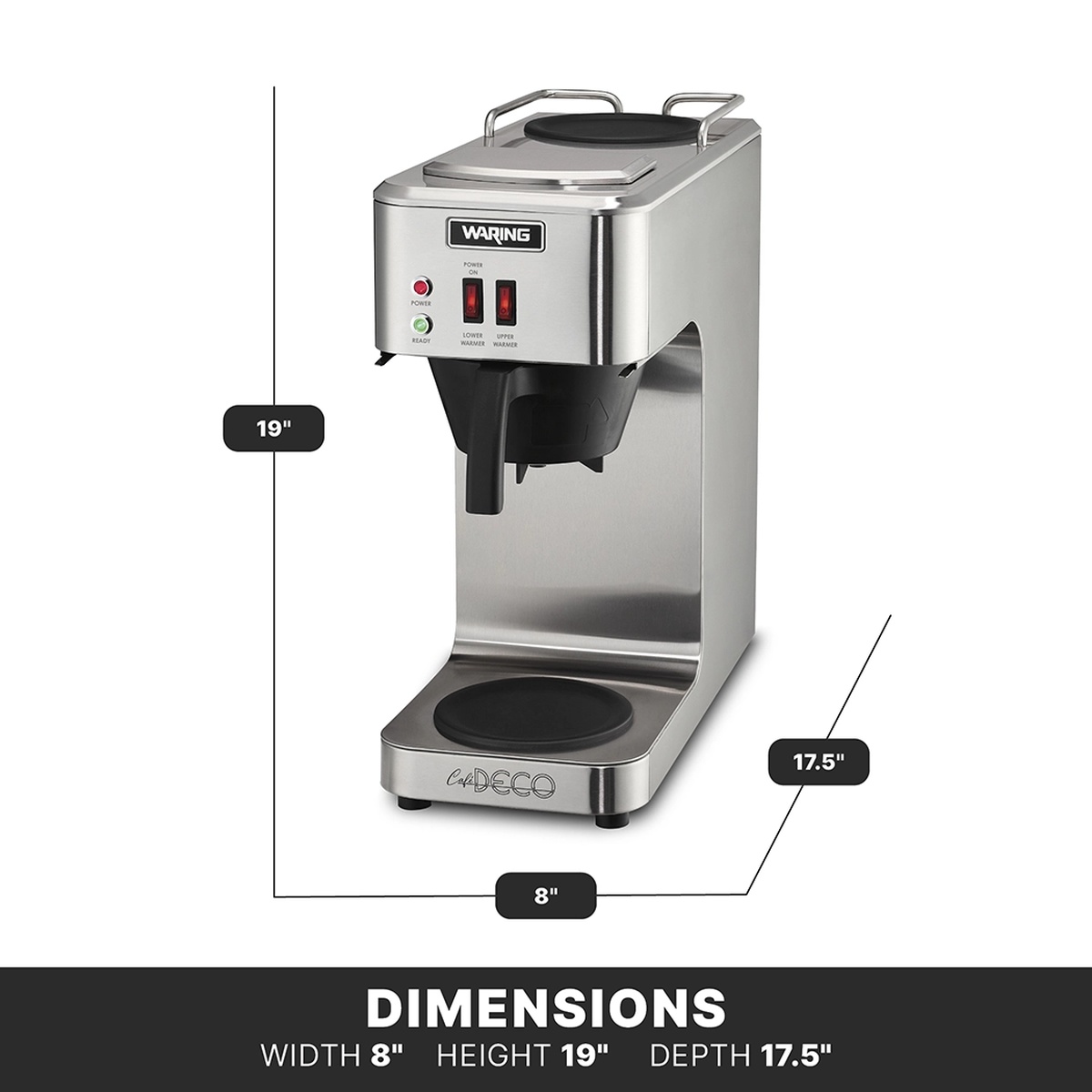Waring WCM50 coffee brewer dimensions diagram showing width 8 inches, height 19 inches, depth 17.5 inches