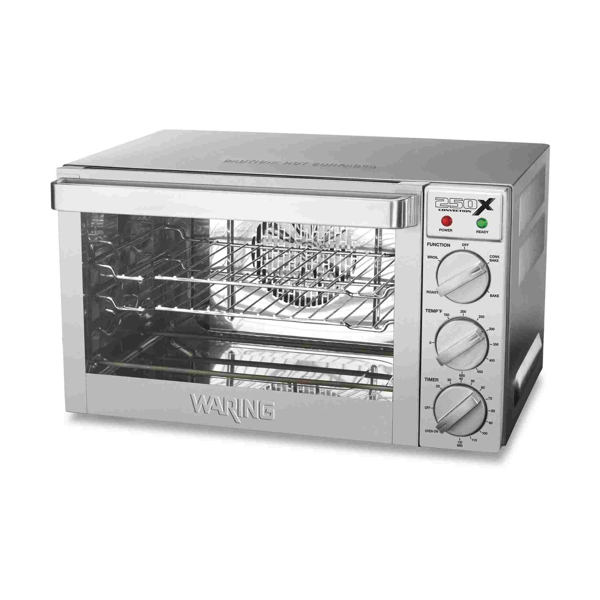 Waring WCO250X quarter-size countertop convection oven with stainless steel exterior and manual control knobs