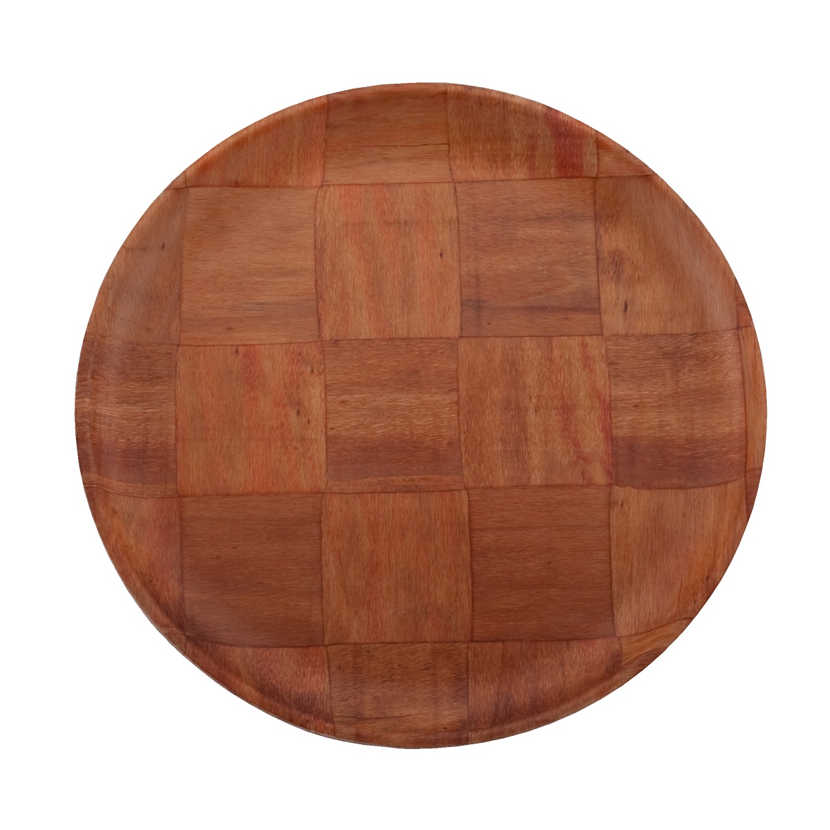 Libertyware WCP12 12-inch round woven wood plate, top-down view showing woven solid wood veneer pattern