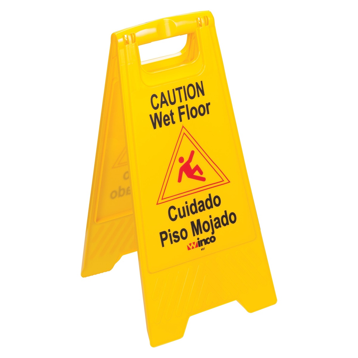 Winco WCS-25 yellow fold-out wet floor caution sign standing open, showing bilingual English and Spanish warning text with slip hazard graphic