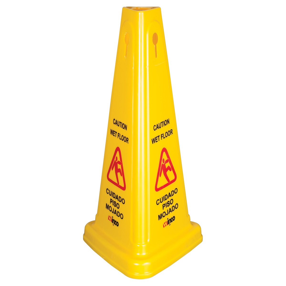 Winco WCS-27T 27-inch yellow tri-cone wet floor caution sign with bilingual English and Spanish text and slip-hazard graphic