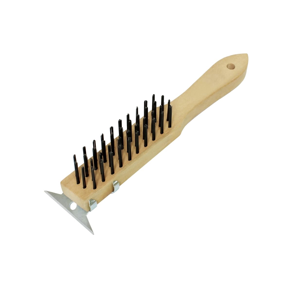 Thunder Group WDBS011H 11-inch heavy-duty wire brush with black metal bristles, wood handle, and integrated metal end-scraper