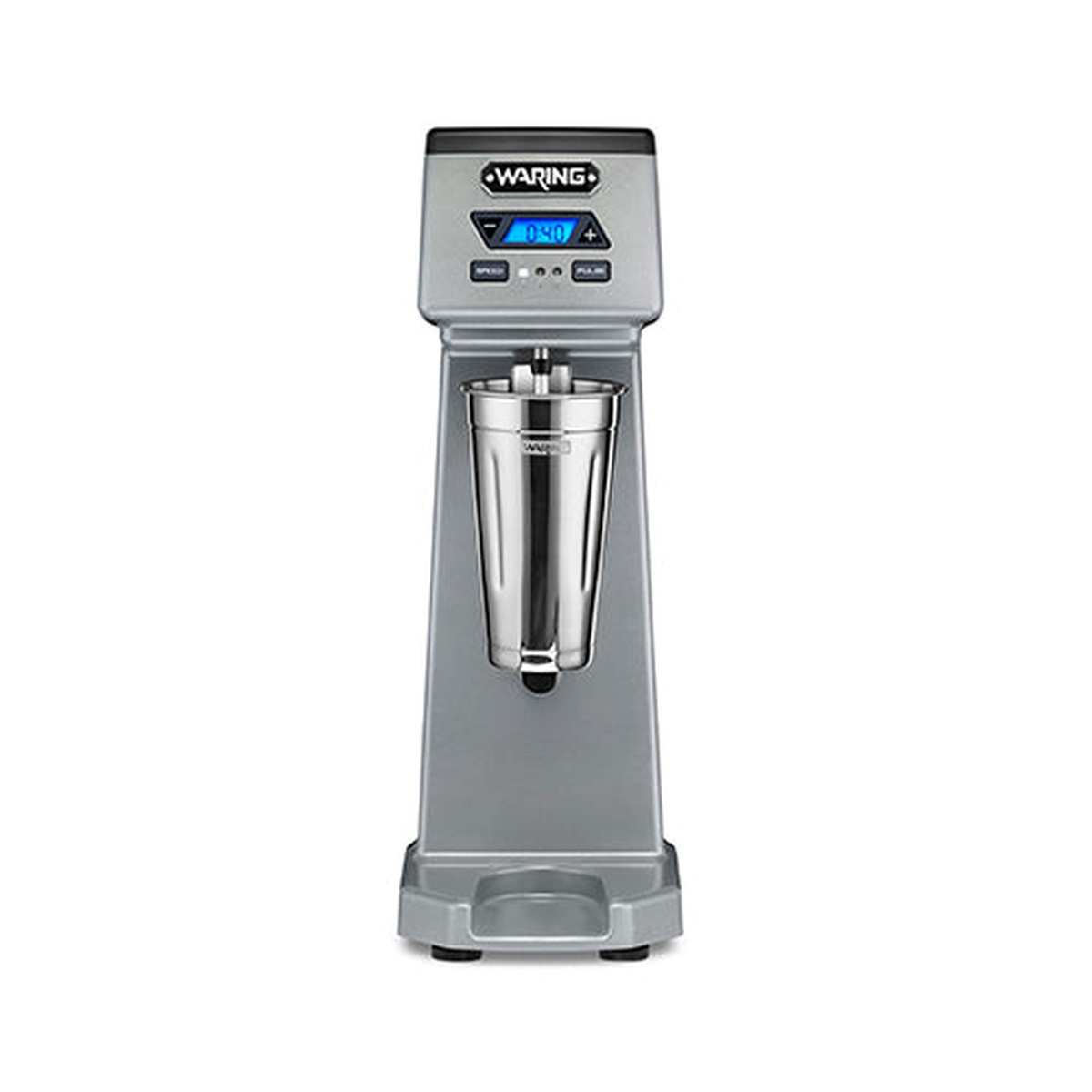 Waring Commercial WDM120TX single-spindle drink mixer with LCD timer display and stainless mixing cup