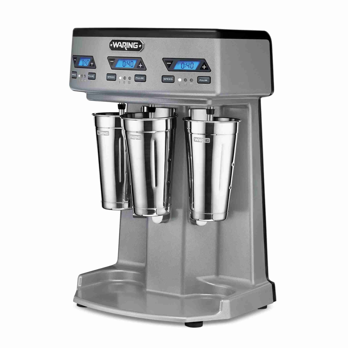 Waring WDM360TX triple spindle drink mixer with three stainless steel malt cups