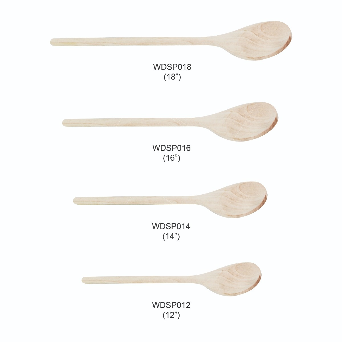 Thunder Group wooden spoon size comparison showing WDSP012 (12-inch), WDSP014 (14-inch), WDSP016 (16-inch), and WDSP018 (18-inch) side by side