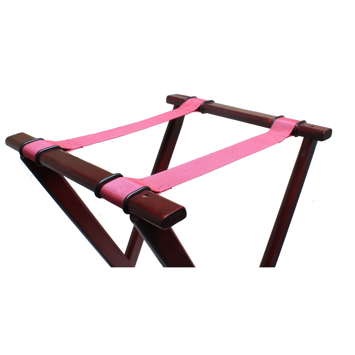 Close-up of Thunder Group WDTHTS032 tray stand double-bar top with pink nylon straps and mahogany wood detail