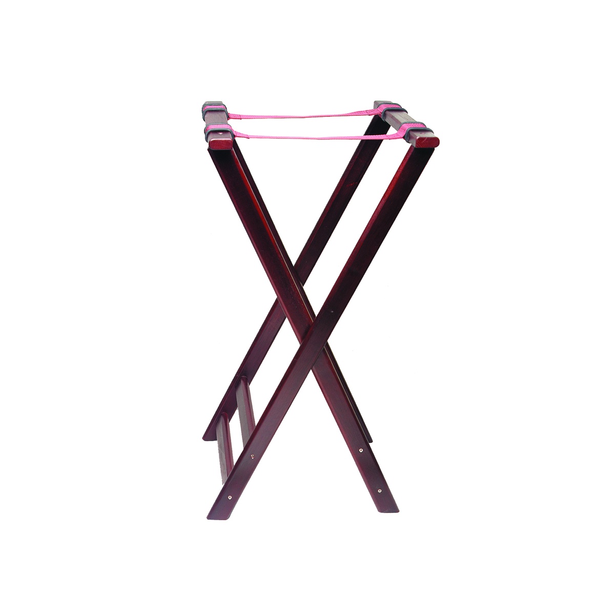 Thunder Group WDTHTS032 mahogany folding tray stand with pink nylon straps, full product view