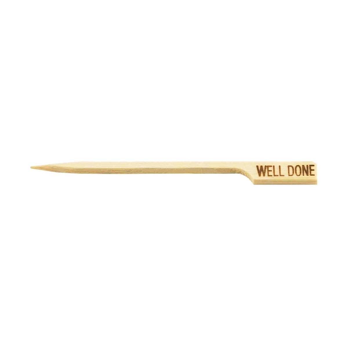 Single 3.5 inch bamboo steak pick with Well Done imprint