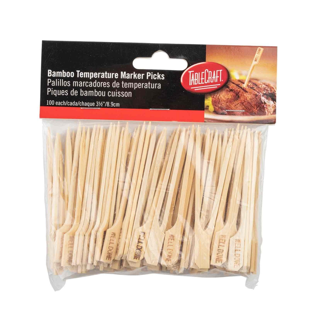Retail packaging of TableCraft bamboo temperature marker picks