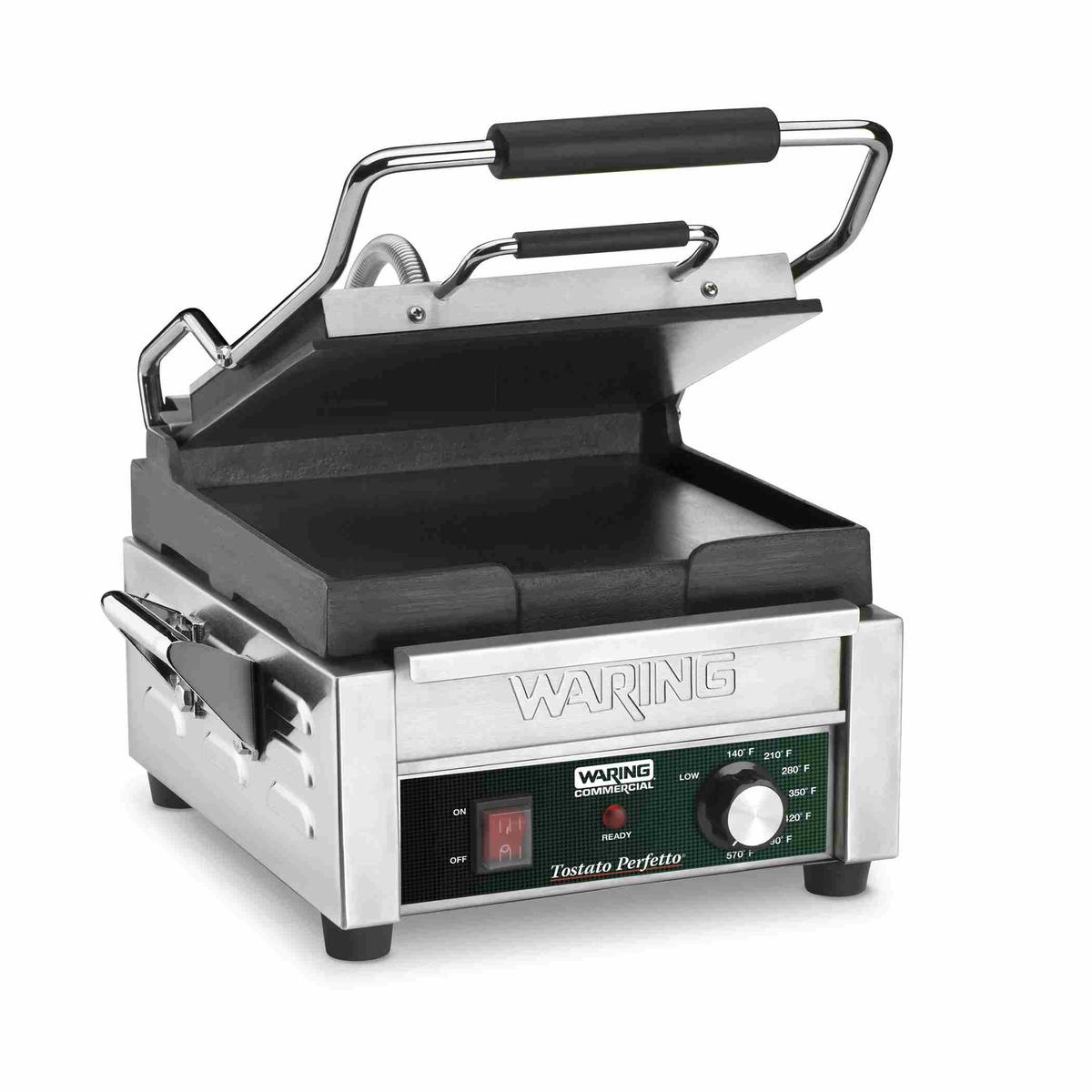 Waring WFG150 flat panini grill with cast-iron plates and stainless steel body