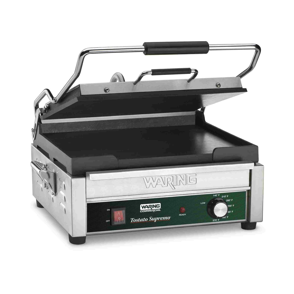 Waring WFG250 flat panini grill with hinged top plate and temperature dial
