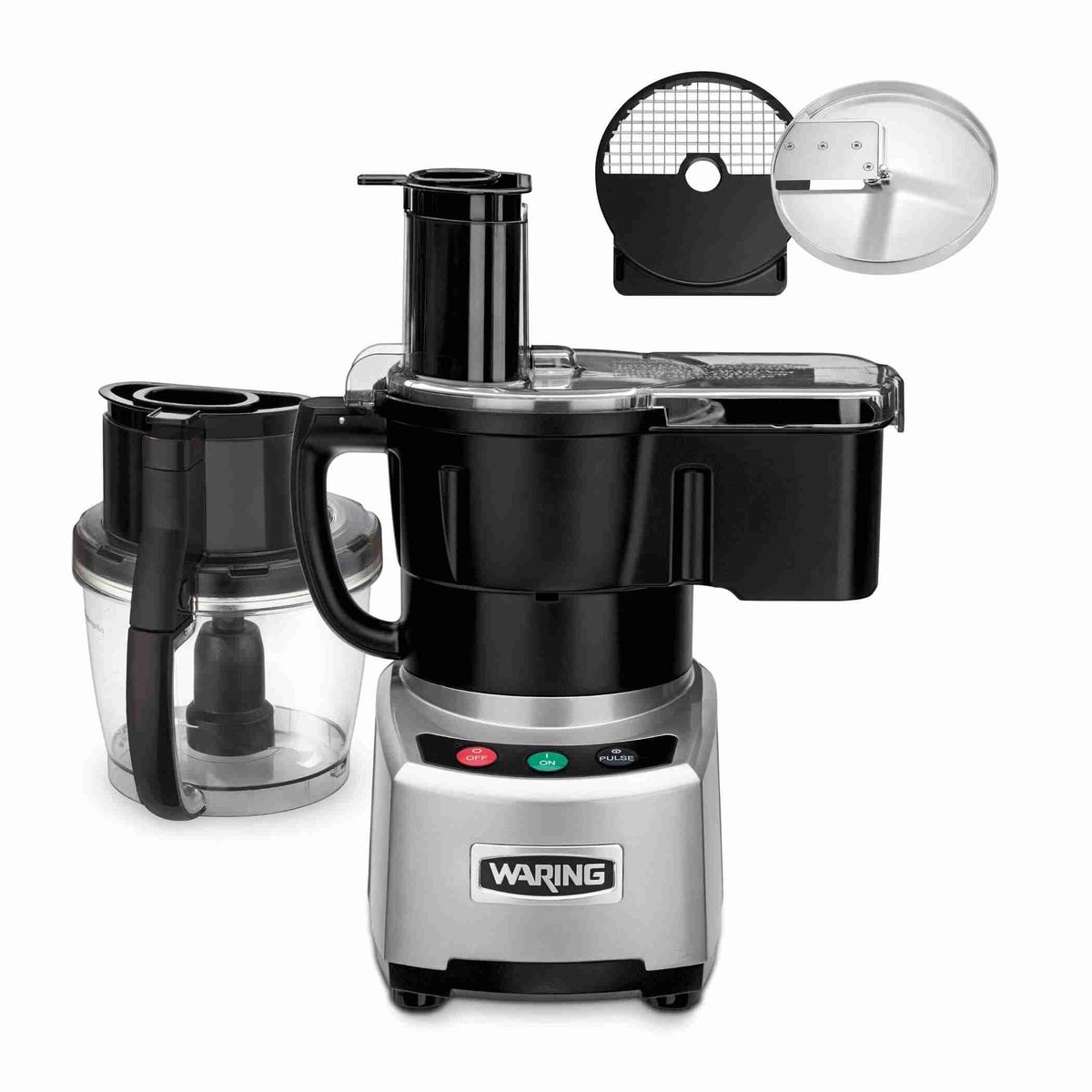 Waring WFP16SCD commercial food processor with 4-quart bowl, continuous-feed hopper, and processing discs