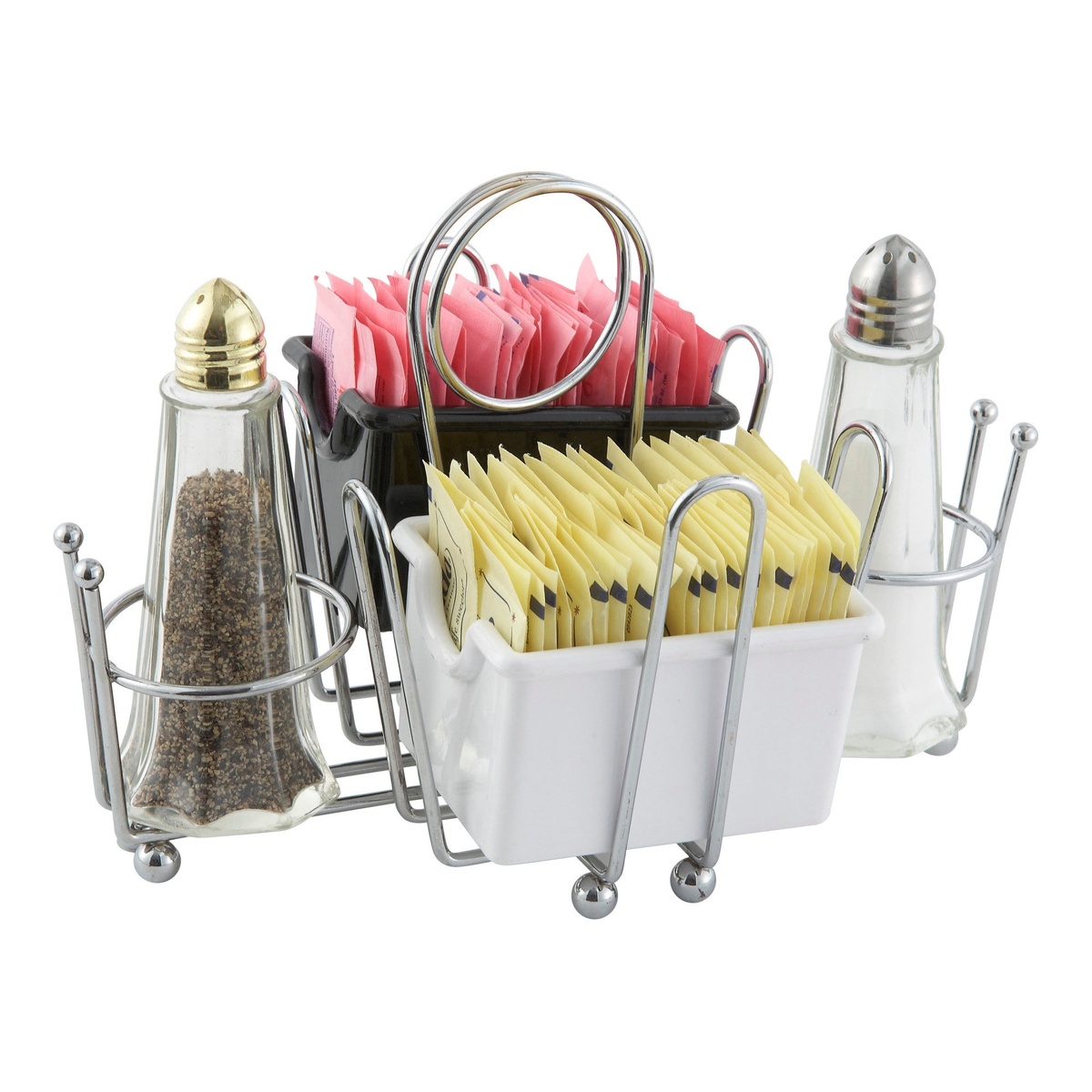 Winco WH-1 condiment caddy loaded with salt and pepper shakers and sugar packet caddies
