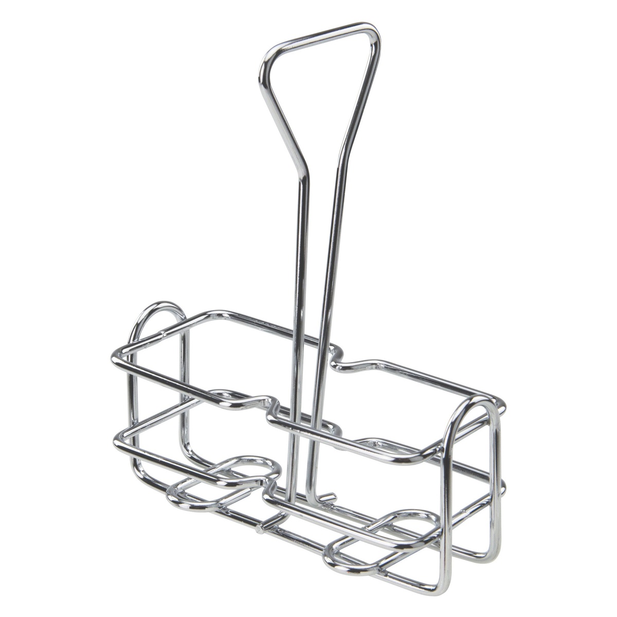 Winco WH-3 chrome-plated wire cruet rack, empty, showing two open compartments and center handle